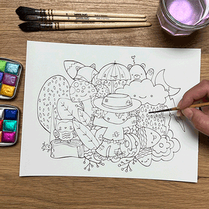 Cartoon watercolour colouring pages