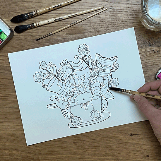 Cartoon watercolour colouring pages